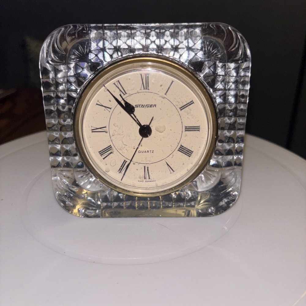 Vintage Staiger West Germany Quartz Lead Crystal Desk Clock Square Roman Numeral